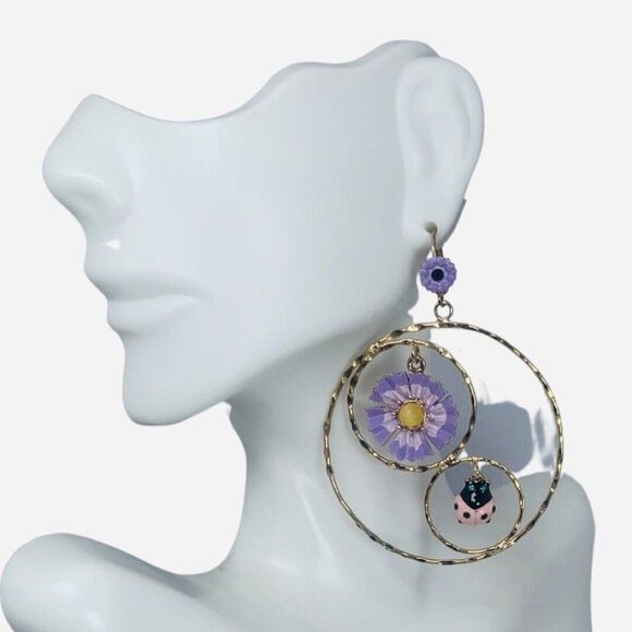 Betsey Johnson Spring Ahead Flower Ladybug Crystal Mismatch Hoop Earrings - Picture 10 of 10